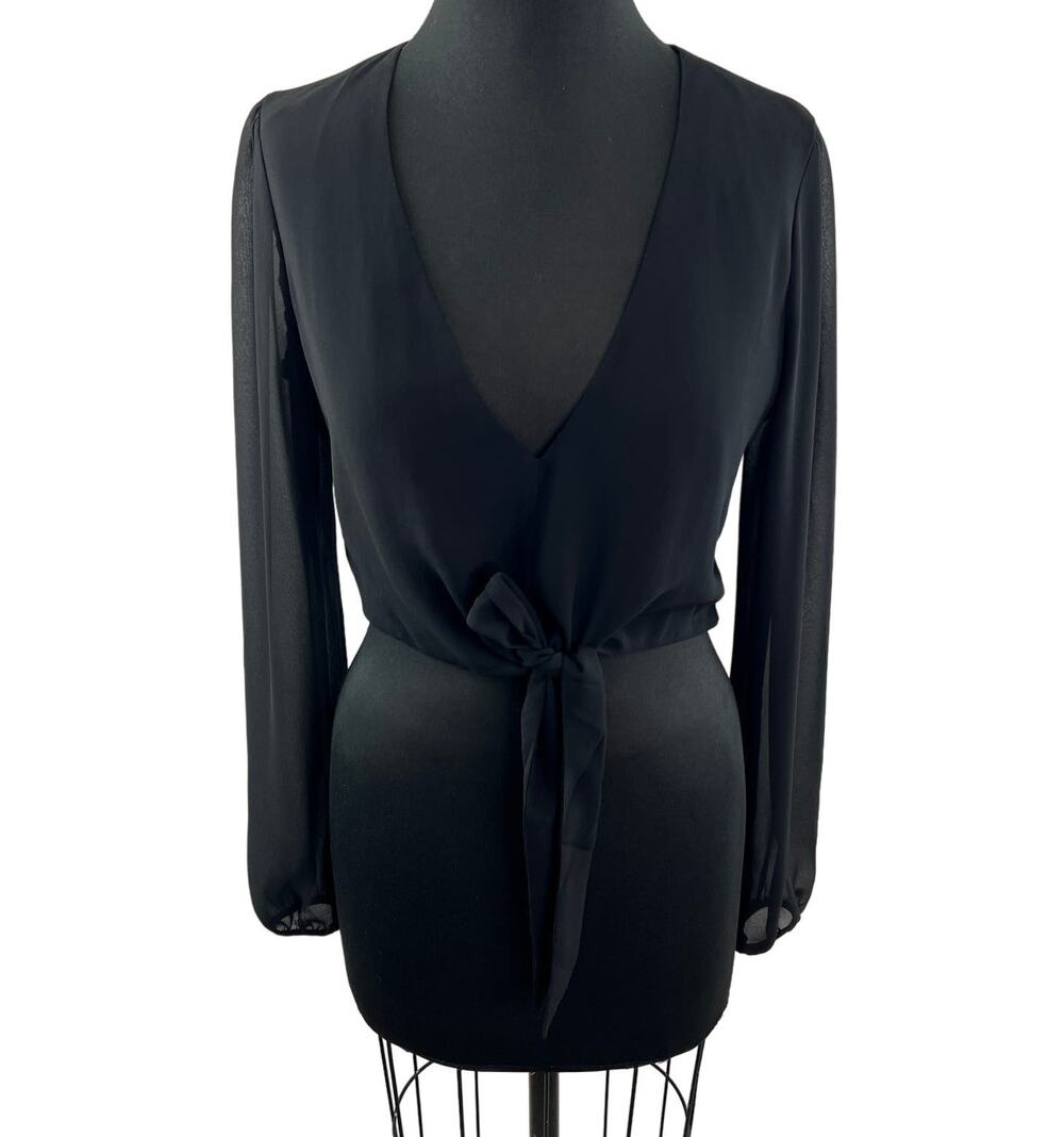 YUMI KIM It Takes Two Top Only Black Long Sheer Sleeves Cropped Tie Front Size M